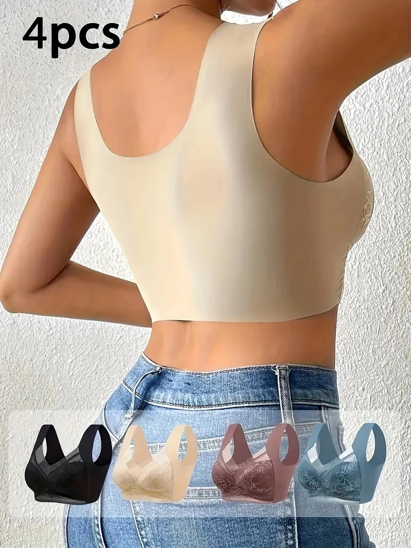 INTIMO SECRETS 4-Piece Lace Push-Up Bra Set – Ice Silk Deep V Bralette, Plus Size L-5XL