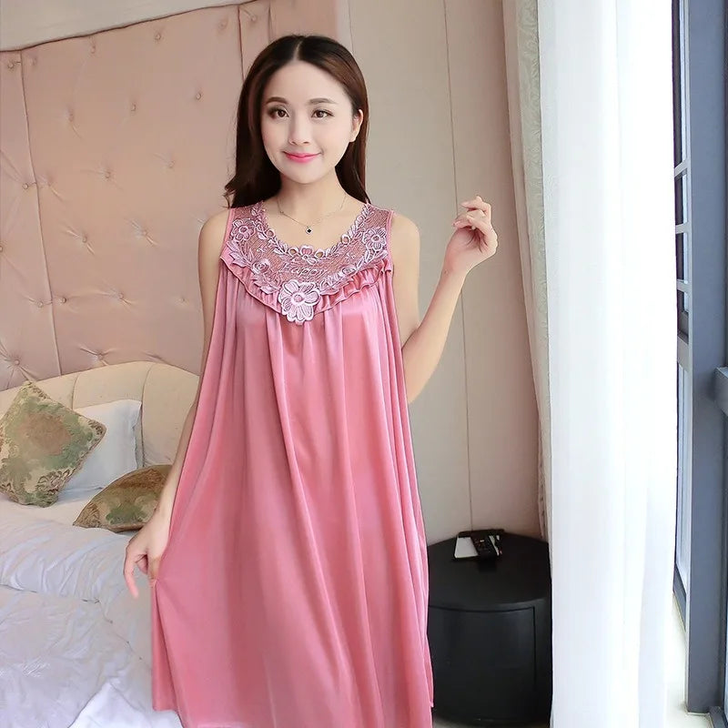 Summer Imitation Silk Nightgowns Women 2025 Sexy Sleepwear Nightwear Female  Spaghetti Strap Underwear Lace Breathable Homewear