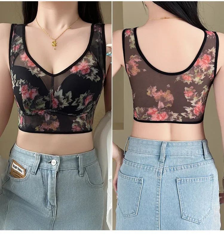 Plus Size Fixed Cup Bra Wireless Breathable Summer Thin Underwear One-Piece Vest Style for Middle-Aged And Elderly People