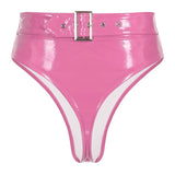 Womens Adult Sexy Thong Latex Panties Lingerie Wet Look Patent Leather Briefs Underwear Buckle Belted Pole Dance PVC Panties