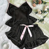 Women's Smooth Satin Pajamas, V-Neck T-Shirt, Ruffled Edges And Bow Shorts, Simple And Breathable Pajama Set
