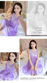 Summer Imitation Silk Nightgowns Women 2025 Sexy Sleepwear Nightwear Female  Spaghetti Strap Underwear Lace Breathable Homewear