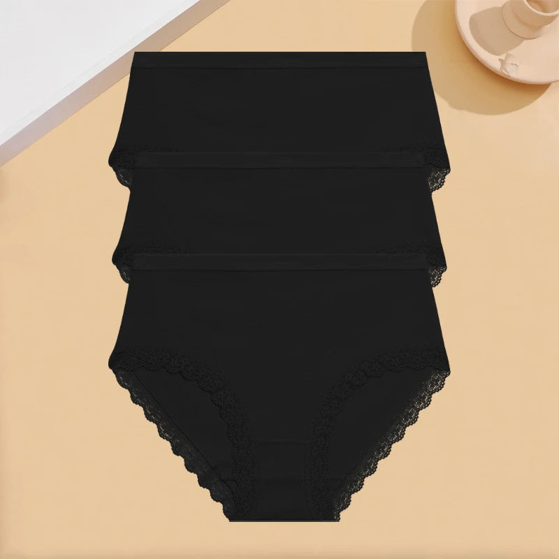 INTIMO SECRETS 3PCS Cotton Lace Panties – Plus Size Women’s Mid-Waist Lingerie