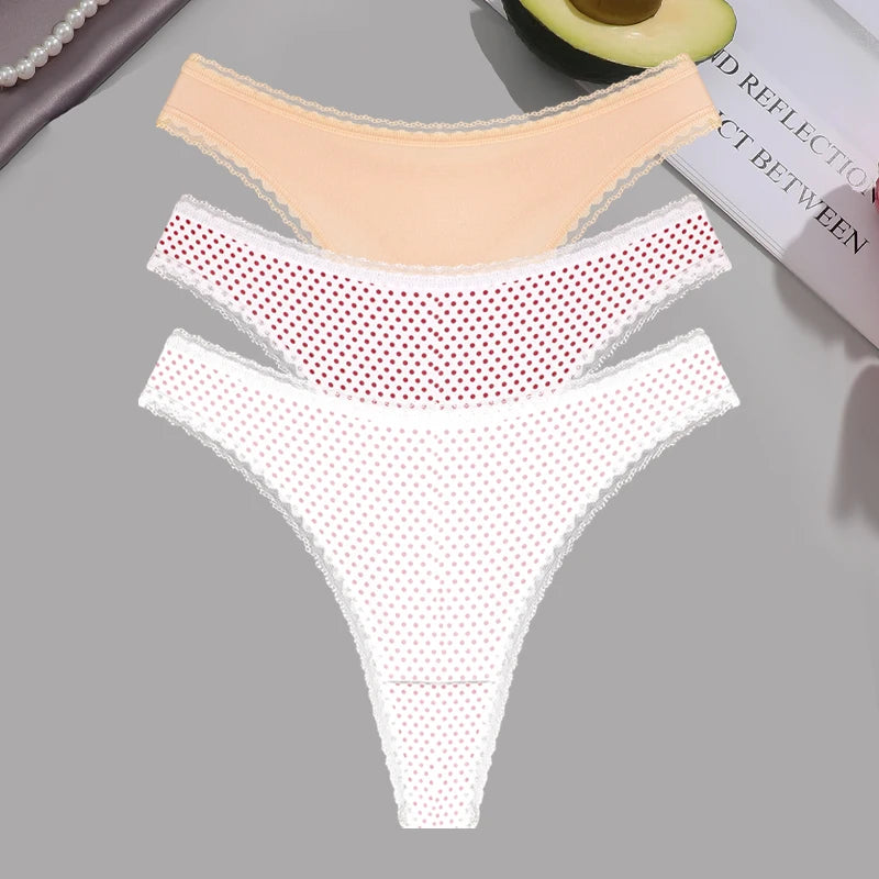 INTIMO SECRETS 3PCS Dot Print Thongs – Seamless Low-Waist Lace G-String Underwear for Women