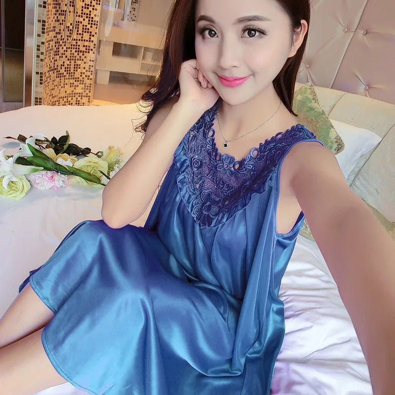 Summer Imitation Silk Nightgowns Women 2025 Sexy Sleepwear Nightwear Female  Spaghetti Strap Underwear Lace Breathable Homewear