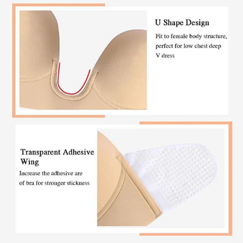 INTIMO SECRETS Strapless U-Shaped Silicone Bra – Invisible Adhesive Push-Up Backless Lifting Bralette