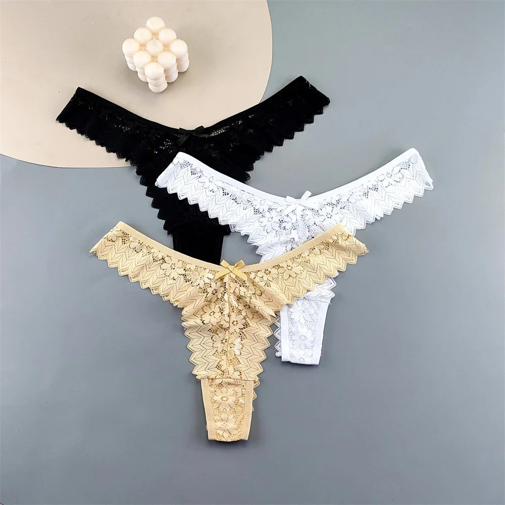 INTIMO SECRETS 3PCS Lace Thongs – Transparent Mid-Waist G-Strings Plus Size