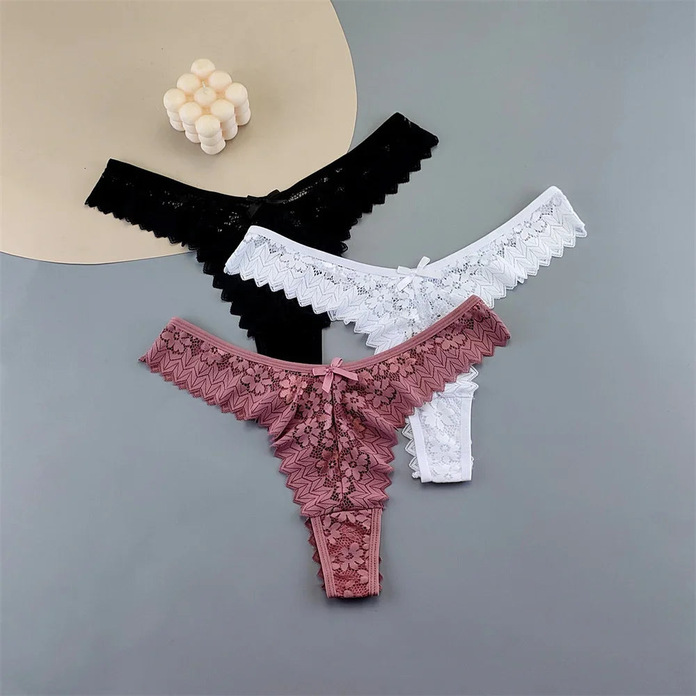 INTIMO SECRETS 3PCS Lace Thongs – Transparent Mid-Waist G-Strings Plus Size