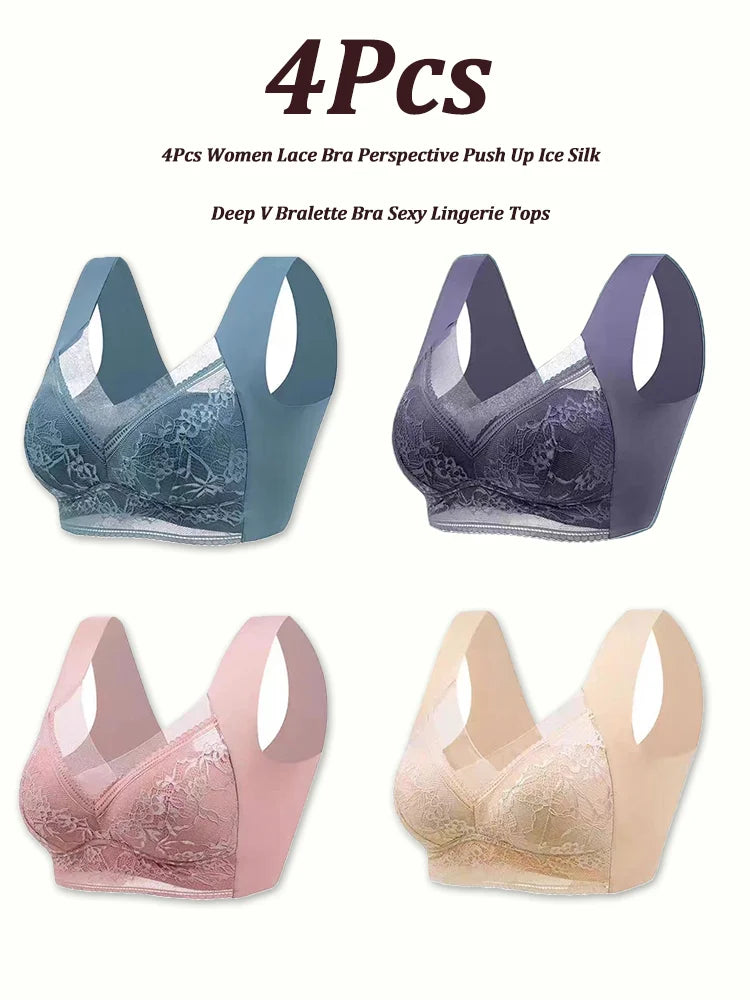 INTIMO SECRETS 4-Piece Lace Push-Up Bra Set – Ice Silk Deep V Bralette, Plus Size L-5XL