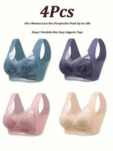 INTIMO SECRETS 4-Piece Lace Push-Up Bra Set – Ice Silk Deep V Bralette, Plus Size L-5XL