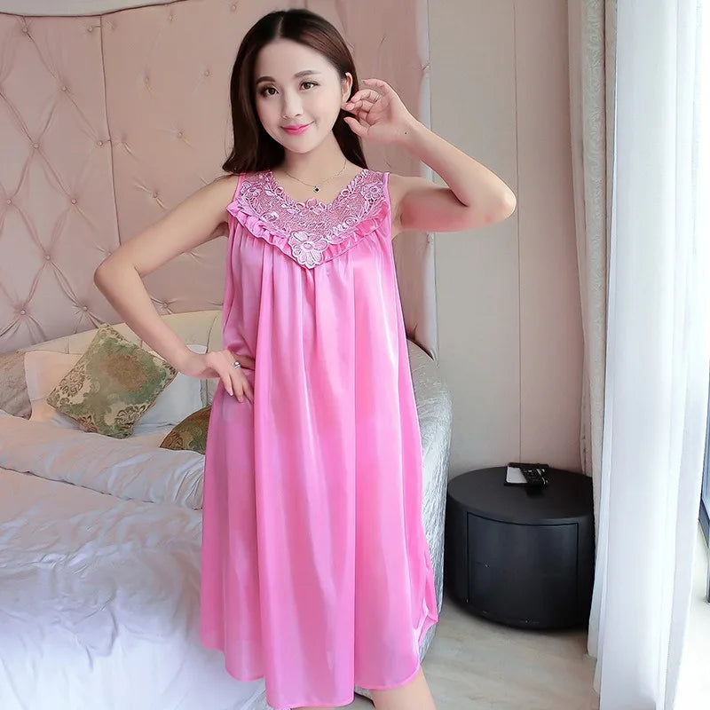 Summer Imitation Silk Nightgowns Women 2025 Sexy Sleepwear Nightwear Female  Spaghetti Strap Underwear Lace Breathable Homewear