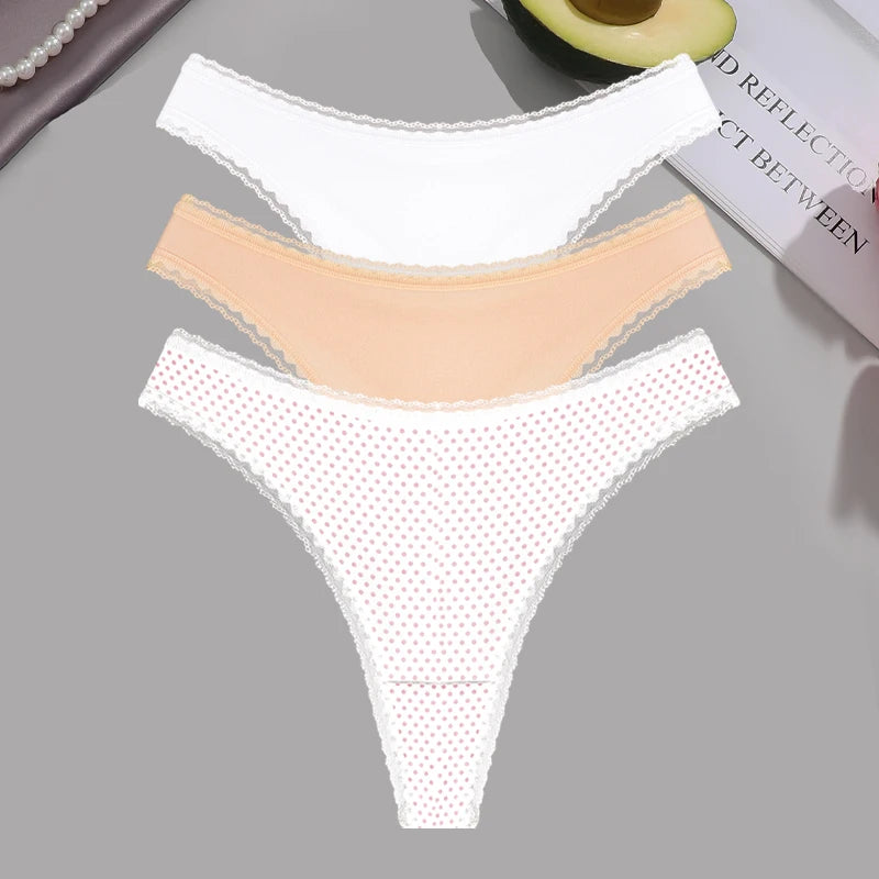 INTIMO SECRETS 3PCS Dot Print Thongs – Seamless Low-Waist Lace G-String Underwear for Women