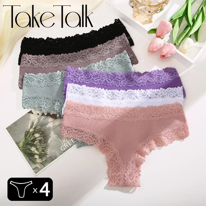 4Pcs/Set Women's Cotton Panties Lace Sexy Brazilian Pants Floral Lace Underwear Trendy Patchwork Briefs  Female Soft Underpants