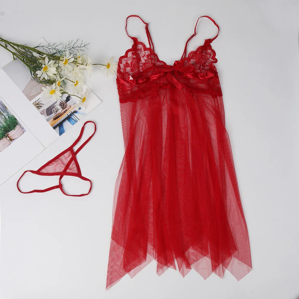 2024 New Lace Sexy Women Nightgown Split Sexy Short Skirt Pajama Sheer Seduction Set With G-String Split Dress For Women Gift