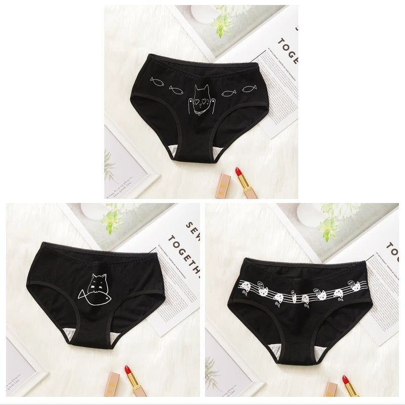 3 Pcs Cartoon Print Black Plus Size Triangle Underwear Cotton Panties Women's Breathable Soft Lingerie Girls Female Underpants