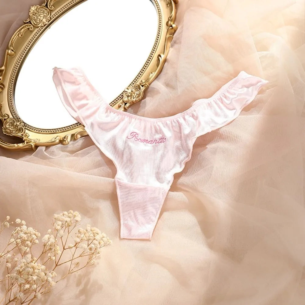 INTIMO SECRETS Pink Satin Silk Ruffle Thong – Sexy Low-Waist G-String for Women