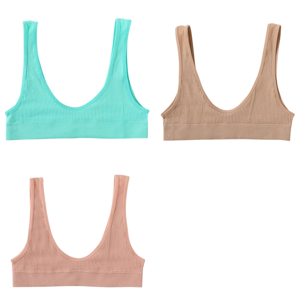 INTIMO SECRETS 3-Piece Seamless Push-Up Sports Bra Set – Deep U-Shape Ribbed Lingerie