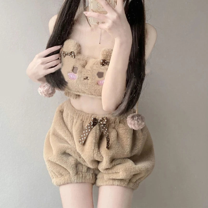 INTIMO SECRETS Winter Plush Bra & Panty – Cute Cartoon Bear Tube Top