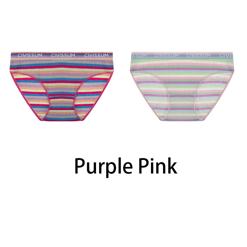 2PCS/Set Women Cotton Plus Size Panties M-4XL Comfort Underwear Sexy Colorful Rainbow Striped Lingerie Girls Cute Briefs NK608