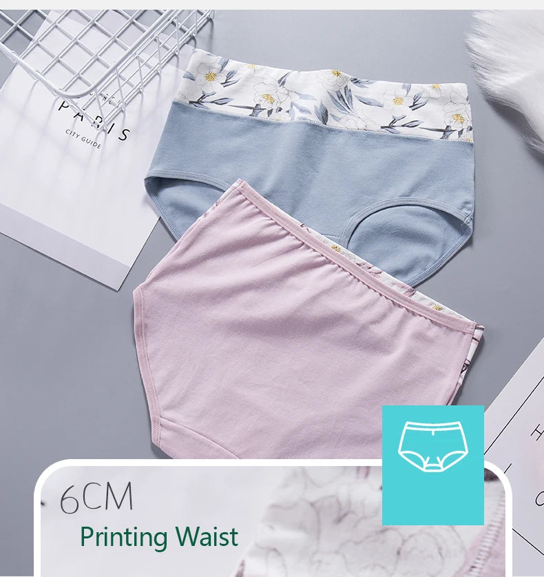 4PCS High Waist Women's Panties Breathable Cotton Panty Lovely Print Ladies Underwear Plus Size Female Lingerie Girls Briefs