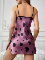 Women's holiday imitation silk four seasons love print fashion V-neck open elegant slip nightdress