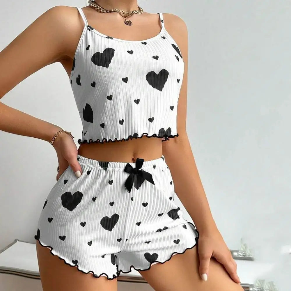 New Summer Thin Pajamas Solid Color Polyester Leisure Suit Homewear Set Sling Shorts Ladies