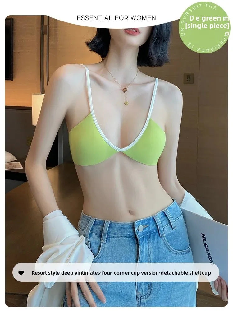 Women's Thin Summer French Style Sexy Deep U Shell Cup Bra Wireless Seamless Fashionable Underwear Comfortable Home Clothes