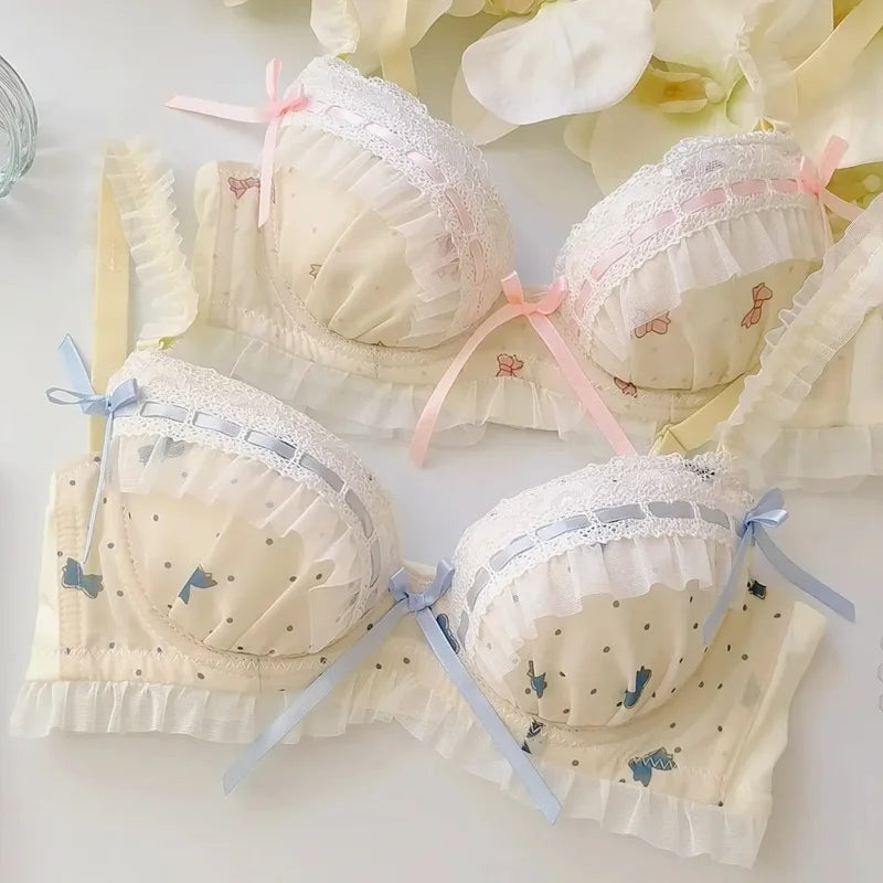 INTIMO SECRETS Lolita Japanese Cute Lace Bra – Small Chest, Wire-Free, Pull-Together