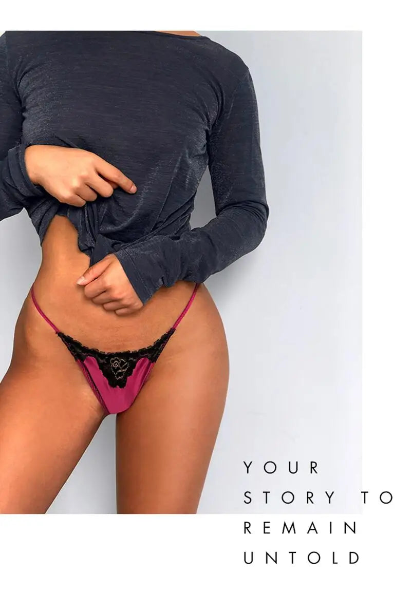 INTIMO SECRETS Embroidered Lace Thong – Seamless Satin T-Back G-String