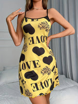 Love Heart Print Satin Sleepwear Dress for Women Sexy Spaghetti Strap Nightgown Soft Summer Loungewear Pajama Dress