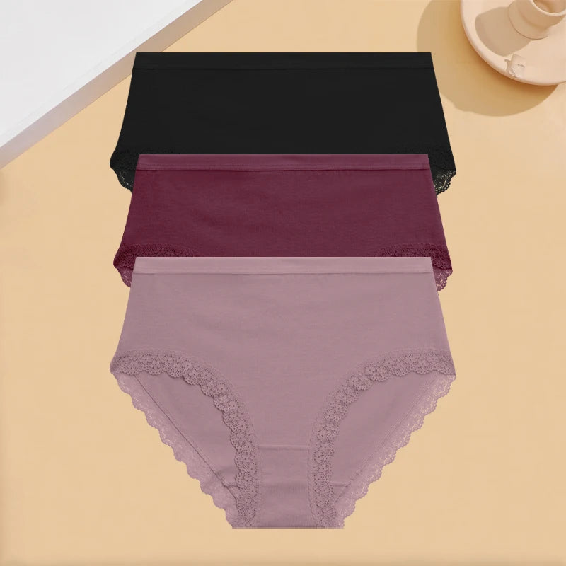 INTIMO SECRETS 3PCS Cotton Lace Panties – Plus Size Women’s Mid-Waist Lingerie