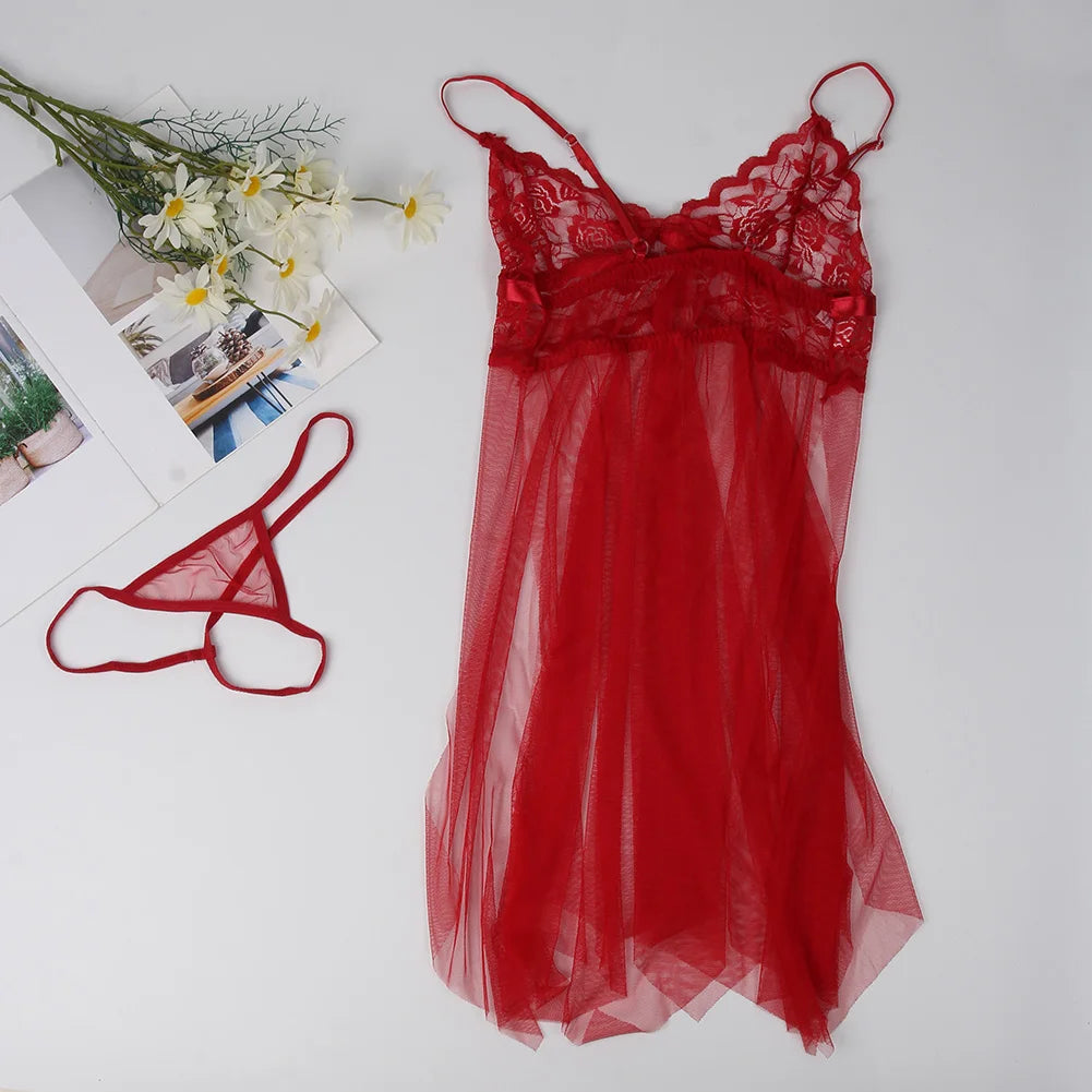 2024 New Lace Sexy Women Nightgown Split Sexy Short Skirt Pajama Sheer Seduction Set With G-String Split Dress For Women Gift