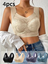 INTIMO SECRETS 4-Piece Lace Push-Up Bra Set – Ice Silk Deep V Bralette, Plus Size L-5XL