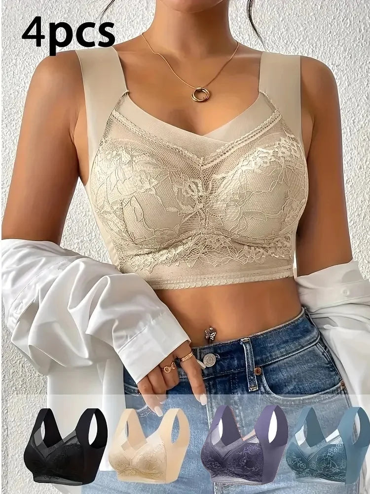 INTIMO SECRETS 4-Piece Lace Push-Up Bra Set – Ice Silk Deep V Bralette, Plus Size L-5XL