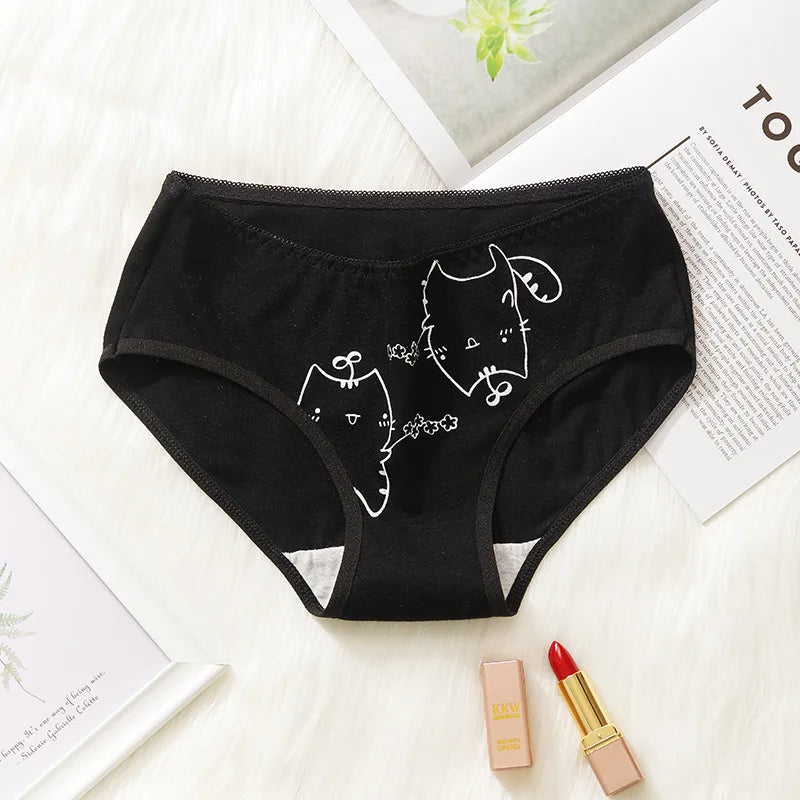 3 Pcs Cartoon Print Black Plus Size Triangle Underwear Cotton Panties Women's Breathable Soft Lingerie Girls Female Underpants