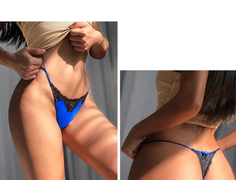 INTIMO SECRETS Embroidered Lace Thong – Seamless Satin T-Back G-String