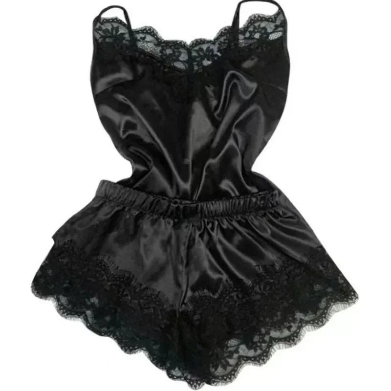 Lace Silk Satin 2 Pieces Pajama Set for Women Sleepwear Sexy Lingerie Bowknot Pyjamas Crop Tops with Shorts Set Loungewear