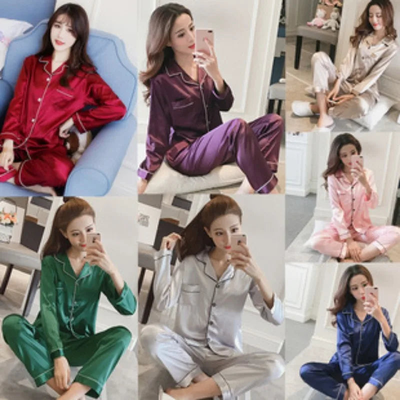 Womens Silk Satin Pajamas Set Sleepwear Pijama Women's Loungewear Pajamas Suit Female Sleep Two Piece Set Feminino Fofo Pyjamas