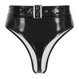 Womens Adult Sexy Thong Latex Panties Lingerie Wet Look Patent Leather Briefs Underwear Buckle Belted Pole Dance PVC Panties