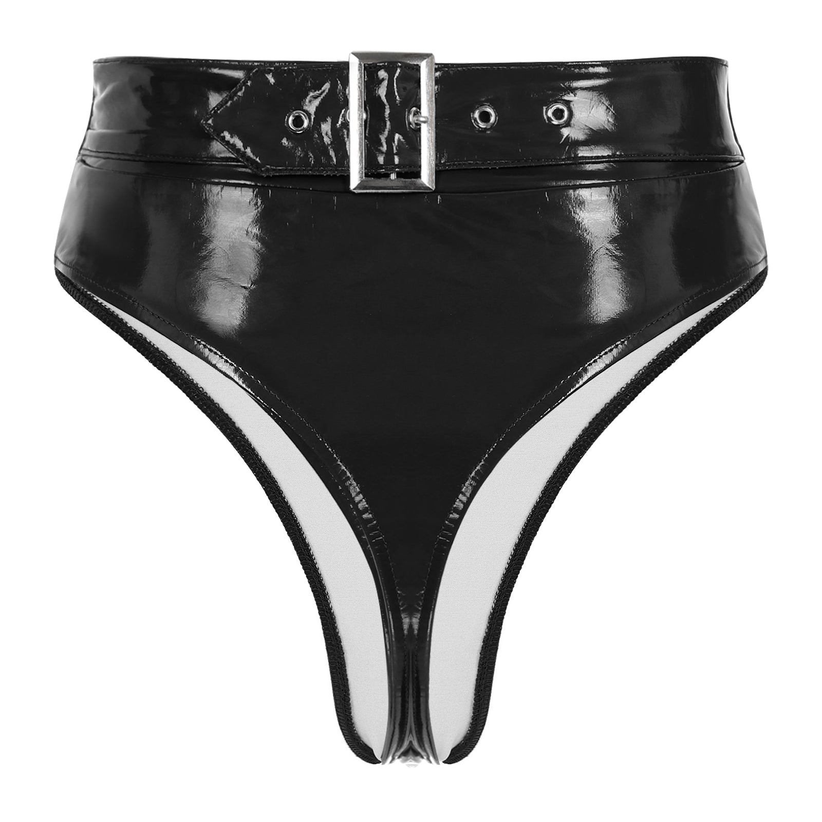 Womens Adult Sexy Thong Latex Panties Lingerie Wet Look Patent Leather Briefs Underwear Buckle Belted Pole Dance PVC Panties