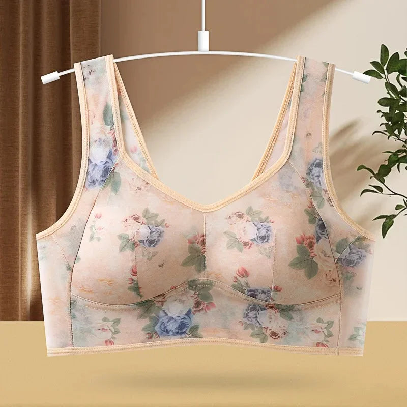 Plus Size Fixed Cup Bra Wireless Breathable Summer Thin Underwear One-Piece Vest Style for Middle-Aged And Elderly People