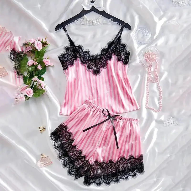 Two Piece Women's V-Neck Sexy Lace Suspender Pajama Shorts Set Casual Women's Sleeveless Sexy Pajama Set
