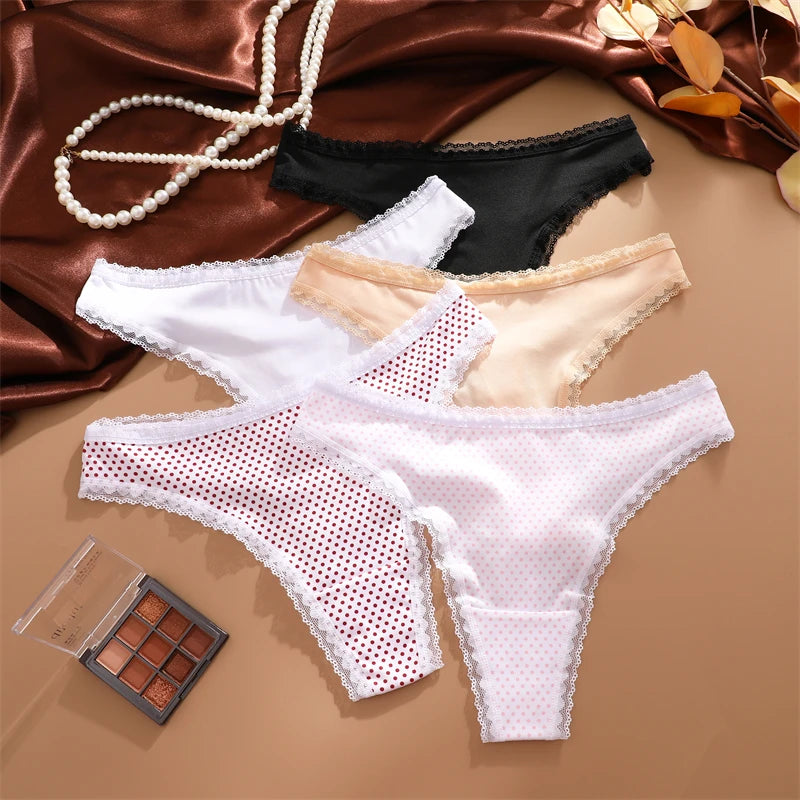 INTIMO SECRETS 3PCS Dot Print Thongs – Seamless Low-Waist Lace G-String Underwear for Women