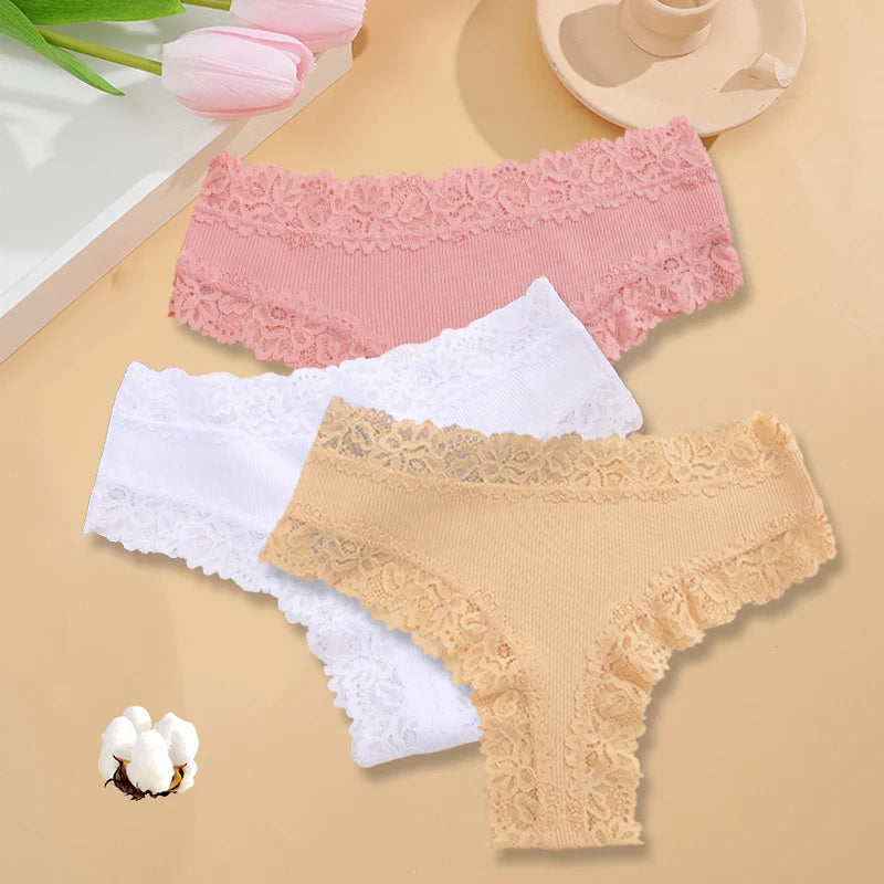 INTIMO SECRETS 3PCS Lace Cotton Thongs – Sexy Low-Rise Seamless G-String Underwear for Women S-XL