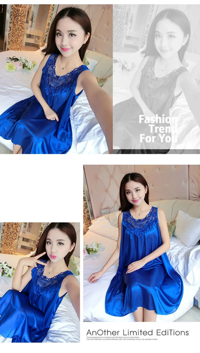 Summer Imitation Silk Nightgowns Women 2025 Sexy Sleepwear Nightwear Female  Spaghetti Strap Underwear Lace Breathable Homewear