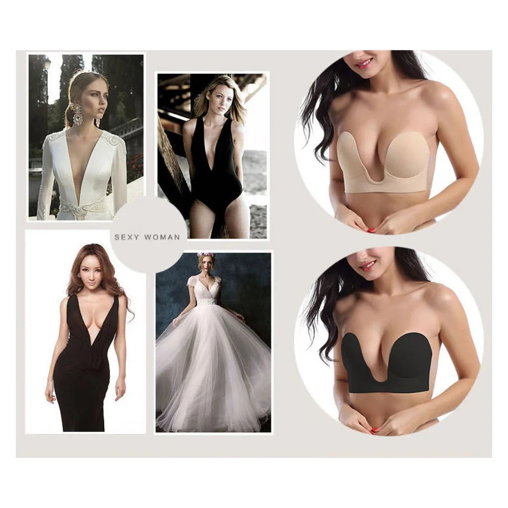 INTIMO SECRETS Strapless U-Shaped Silicone Bra – Invisible Adhesive Push-Up Backless Lifting Bralette