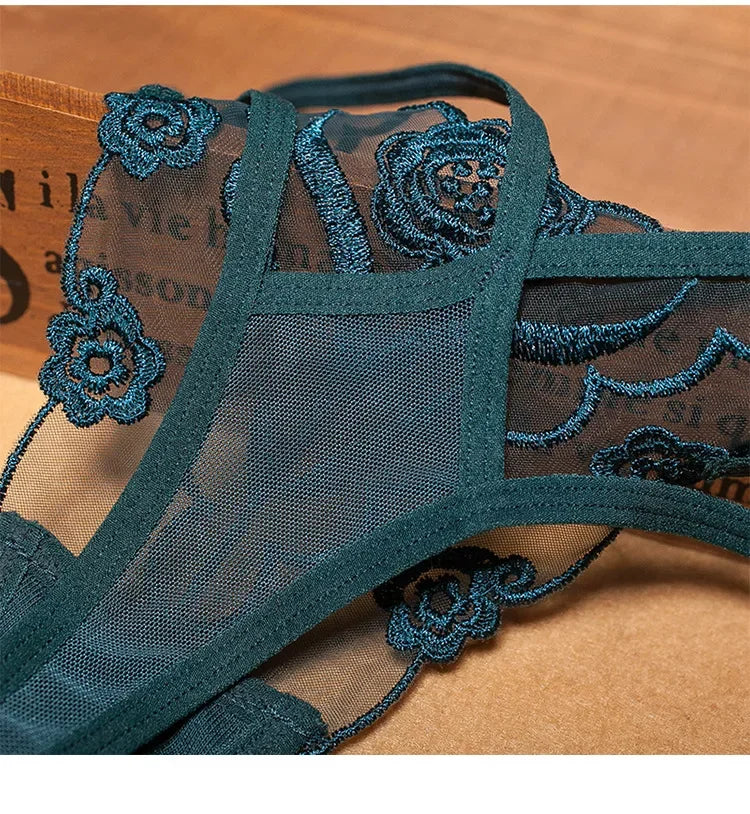 INTIMO SECRETS Sexy Embroidered Mesh Thong – Sheer Strappy G-String & Seamless Floral Lace T-Back Lingerie