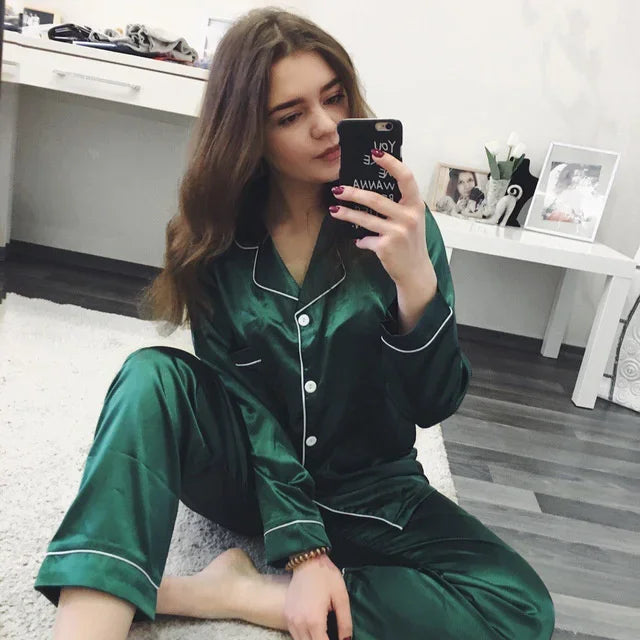 Womens Silk Satin Pajamas Set Sleepwear Pijama Women's Loungewear Pajamas Suit Female Sleep Two Piece Set Feminino Fofo Pyjamas