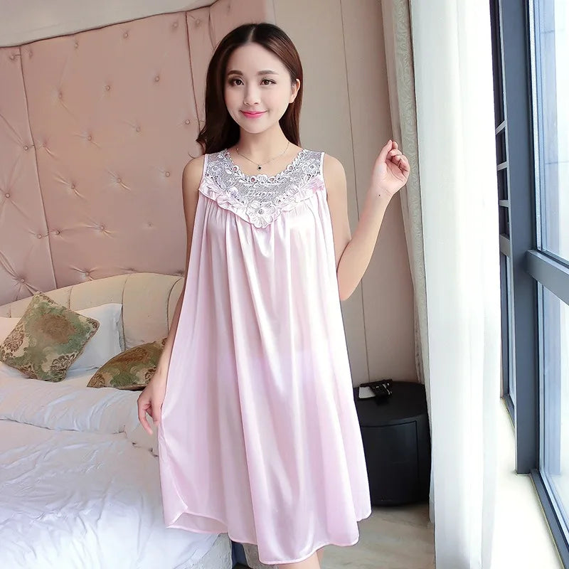 Summer Imitation Silk Nightgowns Women 2025 Sexy Sleepwear Nightwear Female  Spaghetti Strap Underwear Lace Breathable Homewear