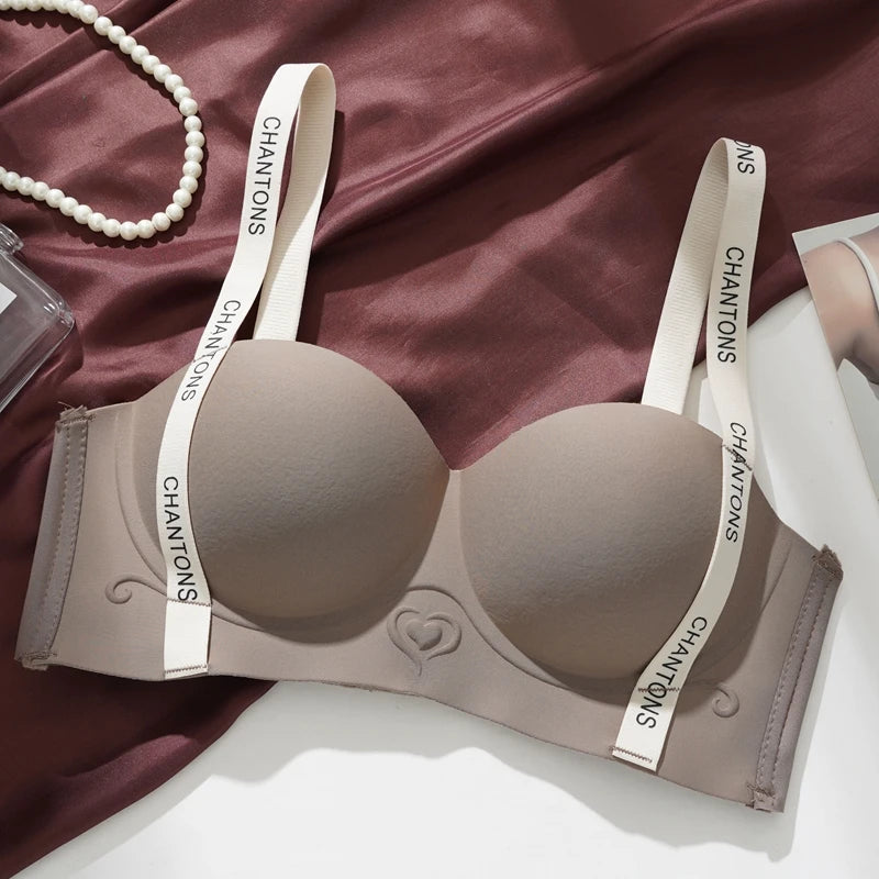 Seamless Letter Print Push Up Bras for Women Without Steel Rings Trendy Underwear Anti-Slip Small Chest Bra Adjustable Straps